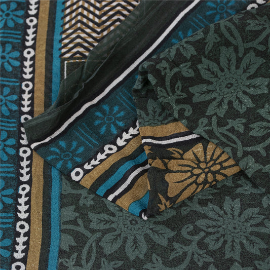 Sanskriti Vintage Sarees Green Pure Silk Floral Printed Sari 5+yd Craft Fabric