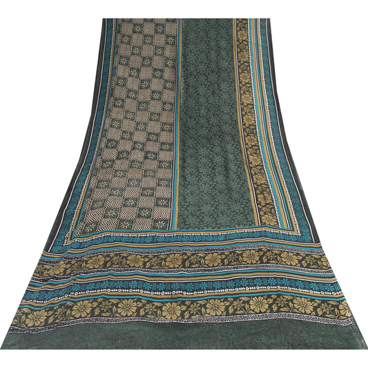 Sanskriti Vintage Sarees Green Pure Silk Floral Printed Sari 5+yd Craft Fabric