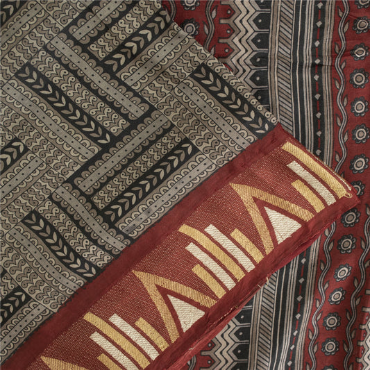 Sanskriti Vintage Sarees Gray Pure Silk Geometric Printed Sari 5+yd Craft Fabric