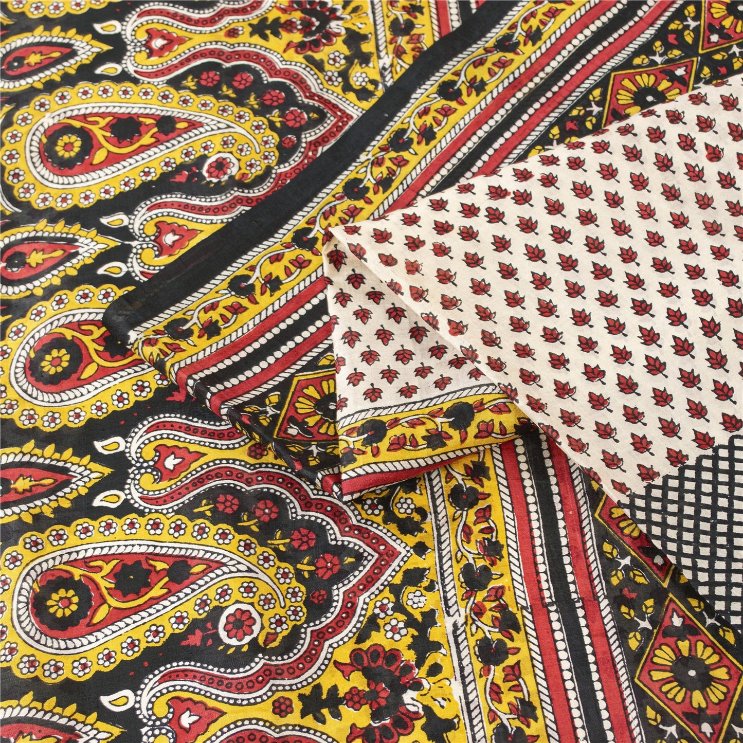 Sanskriti Vintage Sarees ivory 100% Pure Silk Printed Sari 5+yd Craft Fabric