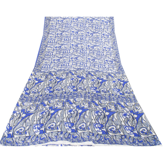 Sanskriti Vintage Sarees Blue & White Pure Silk Abstract Printed 5+YD Decor Sari