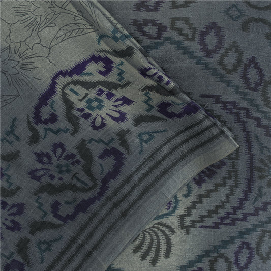 Sanskriti Vintage Sarees Gray Pure Silk Floral Print 5+yd Sari For DIY Projects
