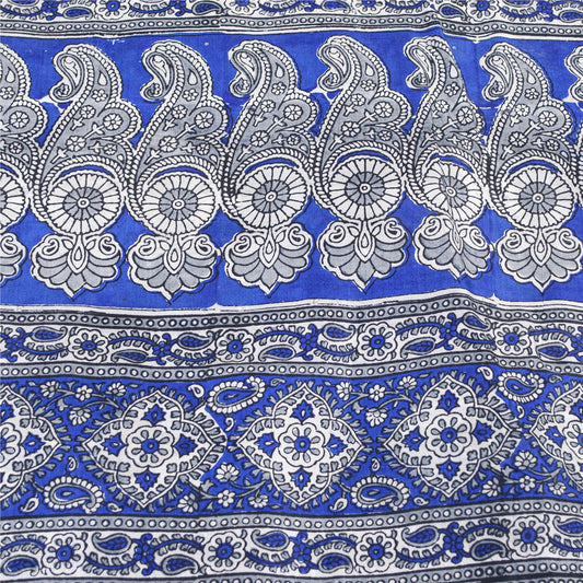 Sanskriti Vintage Sarees Blue & White 100% Pure Silk Printed Sari Craft Fabric