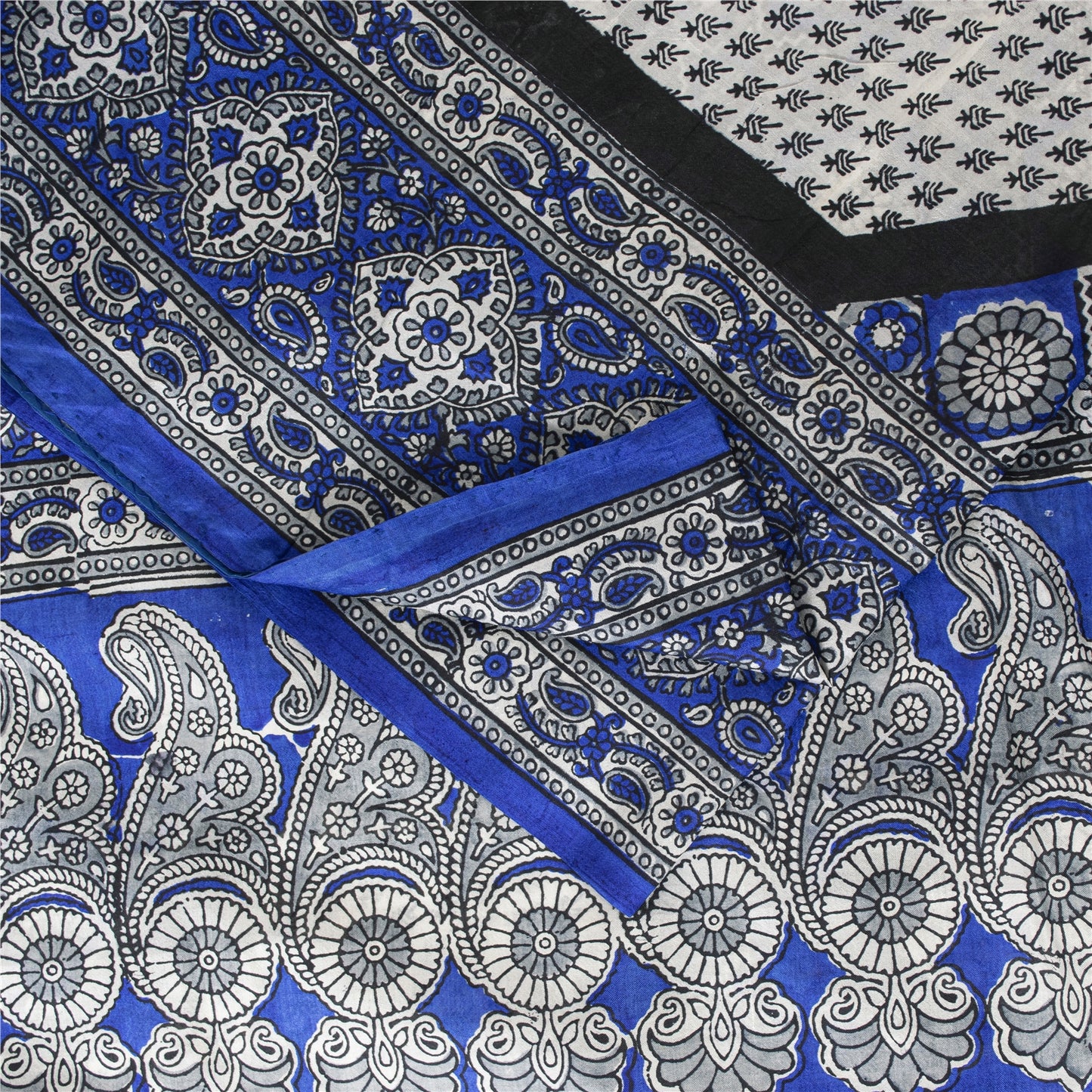 Sanskriti Vintage Sarees Blue & White 100% Pure Silk Printed Sari Craft Fabric