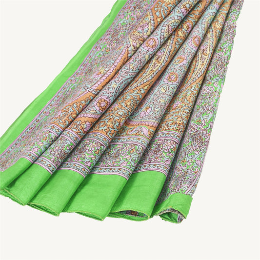 Sanskriti Vintage Sarees Green Pure Silk Floral Printed Sari 6yd Craft Fabric