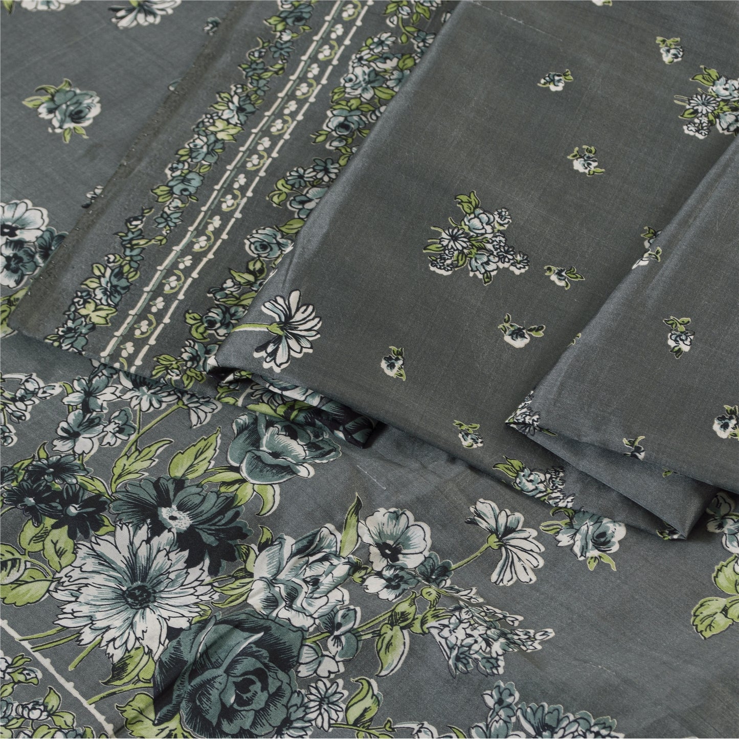 Sanskriti Vintage Sarees Gray Indian Pure Silk Printed Sari 5+yd Craft Fabric