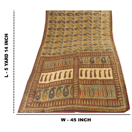 Sanskriti Vintage Sarees Cream Pure Silk Paisley Printed Sari 5+yd Craft Fabric