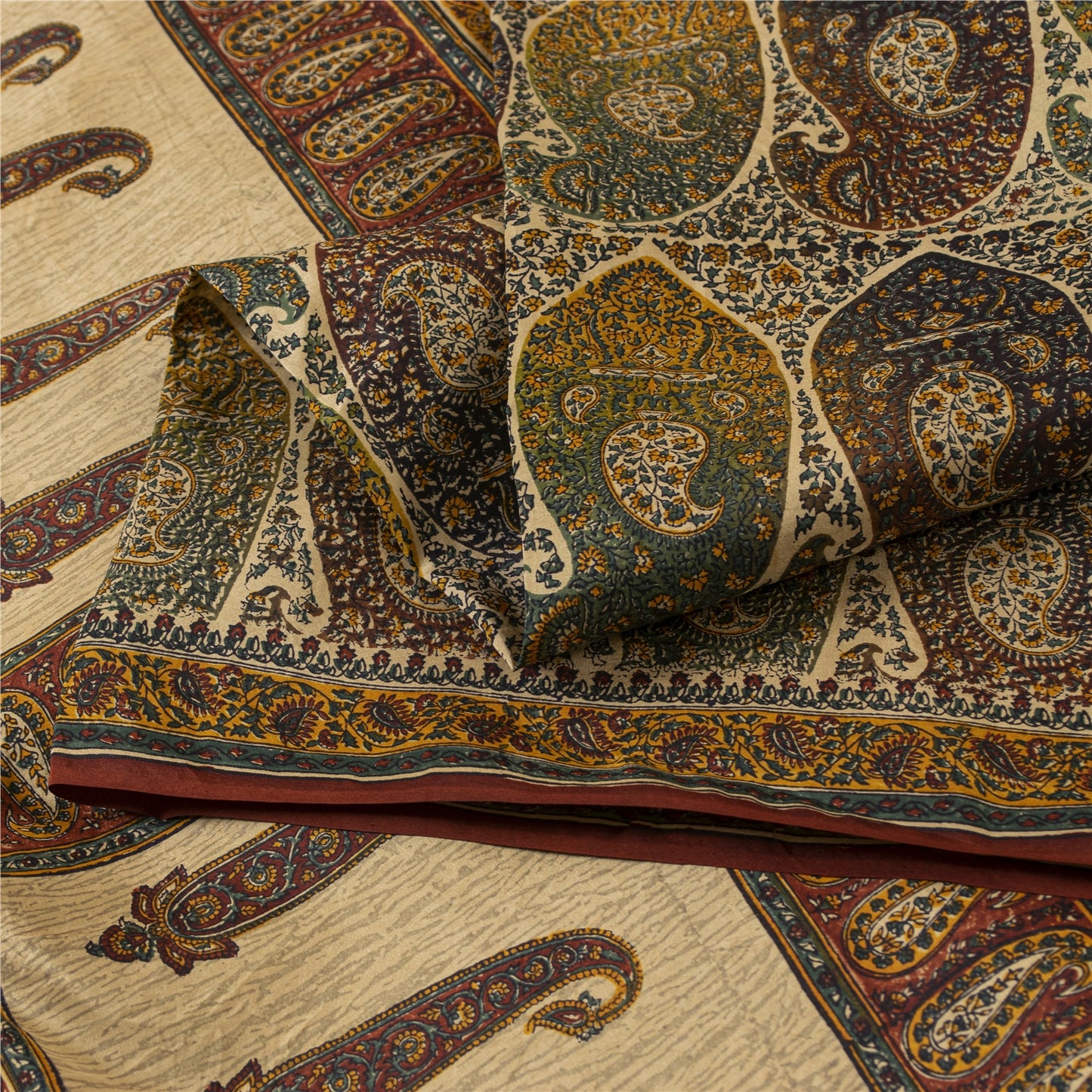 Sanskriti Vintage Sarees Cream Pure Silk Paisley Printed Sari 5+yd Craft Fabric