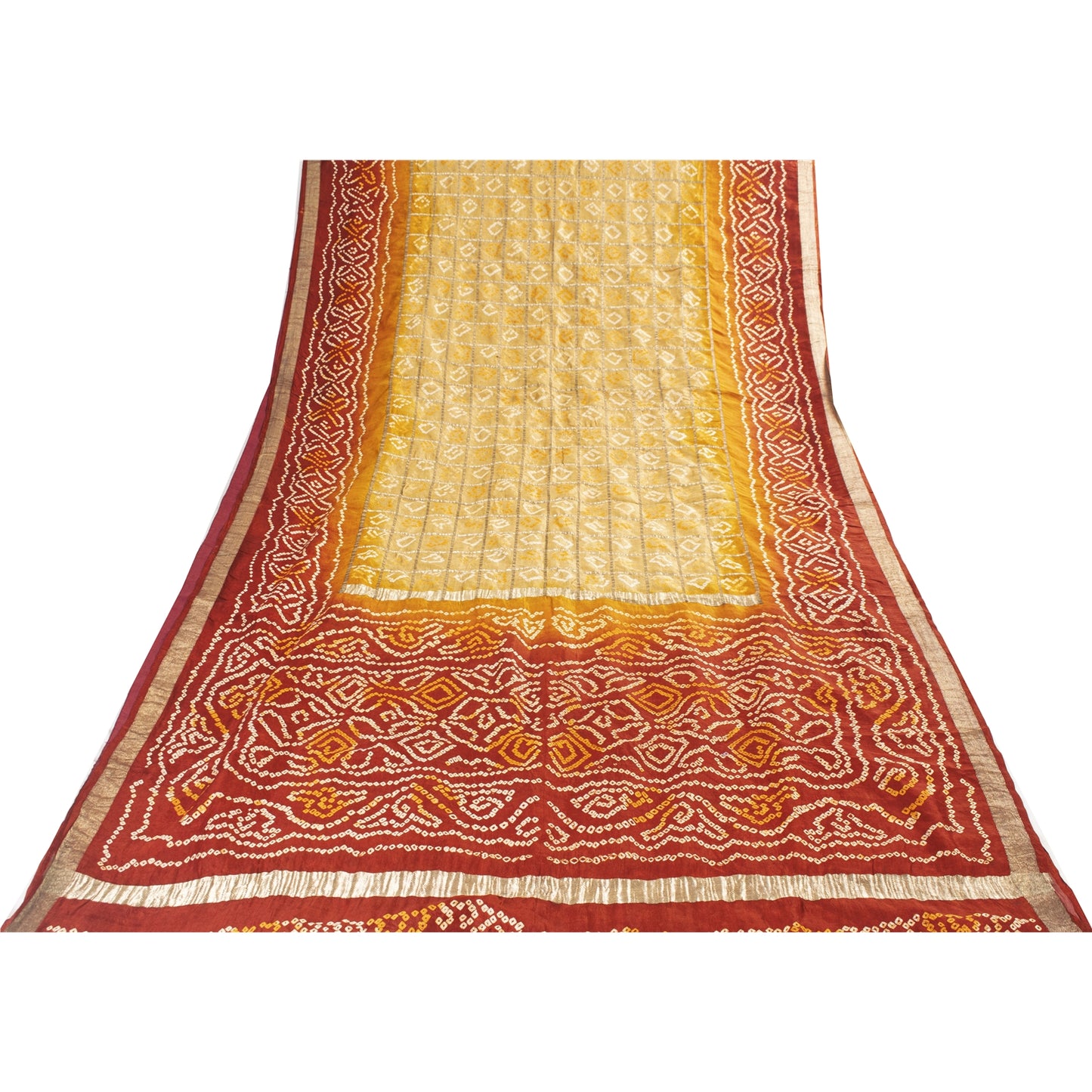 Sanskriti Vintage Sarees Yellow & Red Bandhani Pure Silk Print Sari 5+yd Fabric