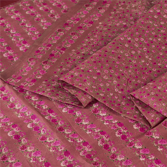 Sanskriti Vintage Sarees Pink 100% Pure Silk Floral Print Sari 6+yd Craft Fabric