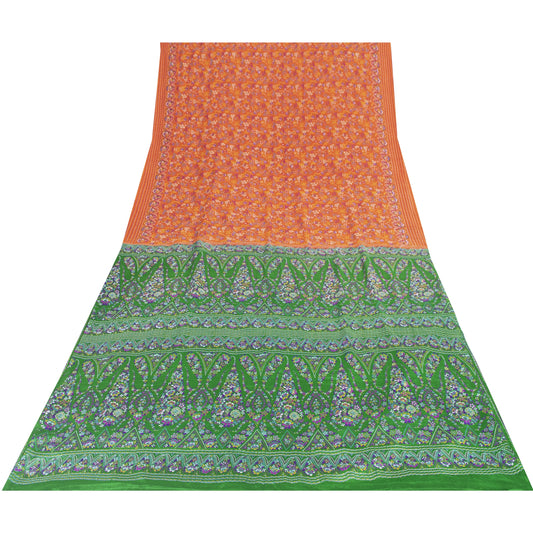Sanskriti Vintage Sarees Orange & Green Pure Silk Printed Sari 5+yd Craft Fabric