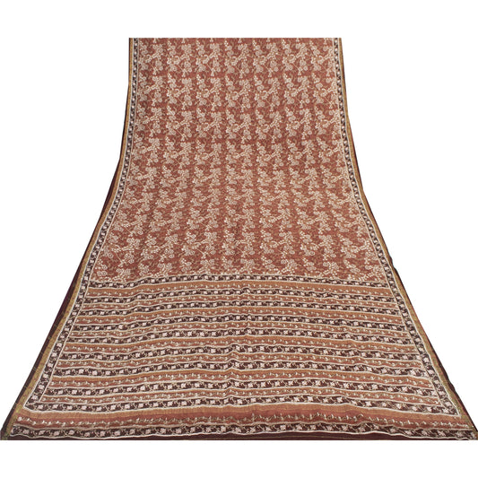 Sanskriti Vintage Sarees Brown Indian Pure Silk Printed Sari 6yd Craft Fabric