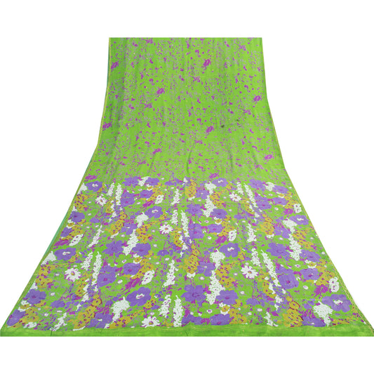 Sanskriti Vintage Sarees Green Pure Silk Floral Printed Sari 6+yd Craft Fabric