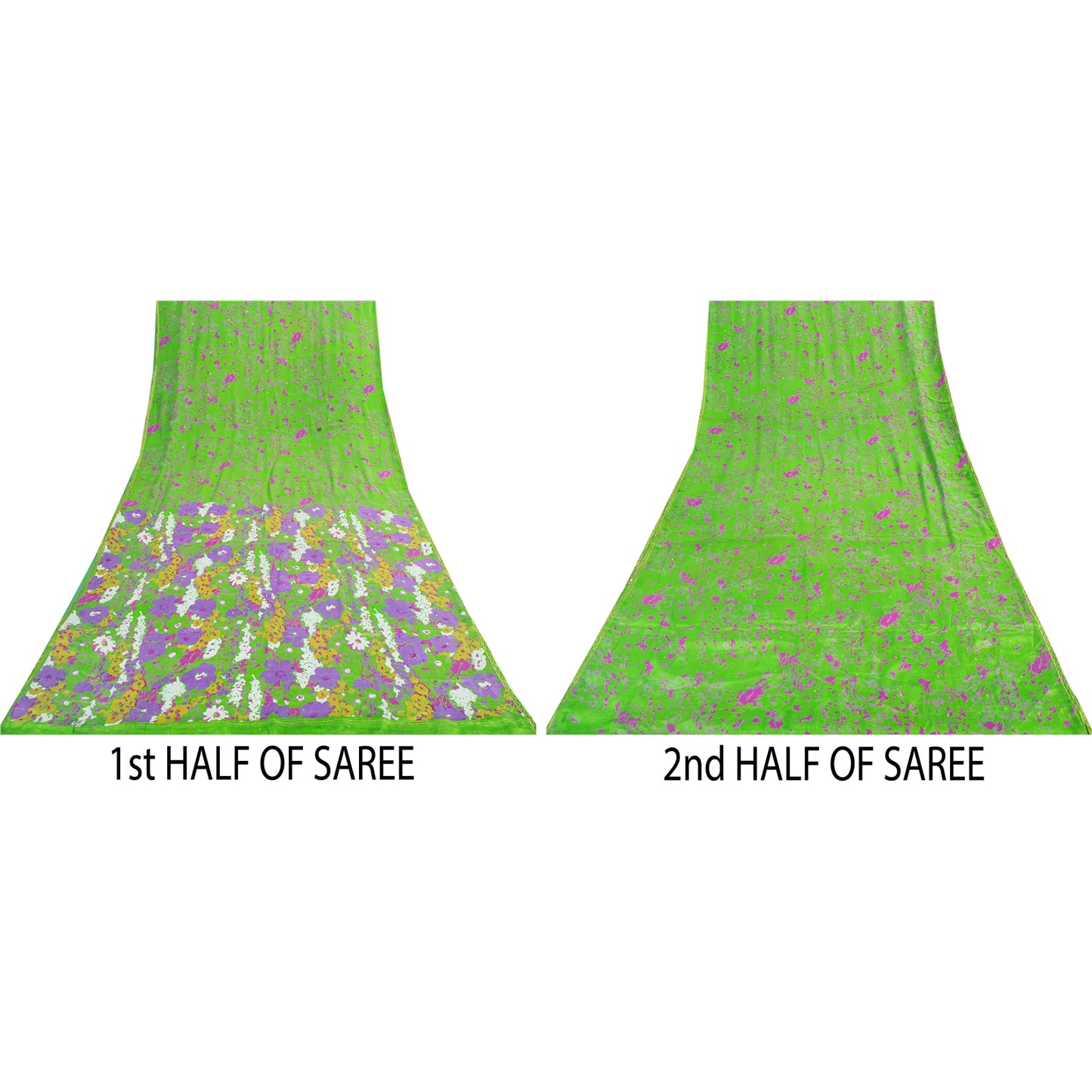 Sanskriti Vintage Sarees Green Pure Silk Floral Printed Sari 6+yd Craft Fabric