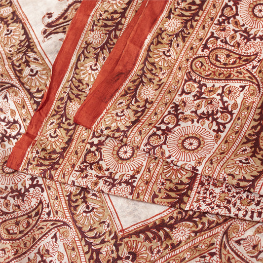 Sanskriti Vintage Sarees Cream & Red Pure Silk Printed Sari 5+yd Craft Fabric