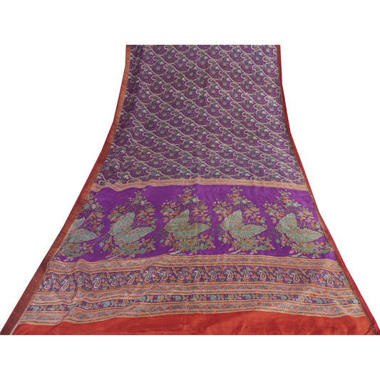 Sanskriti Vintage Sarees Purple Indian Pure Silk Printed Sari 5+yd Craft Fabric