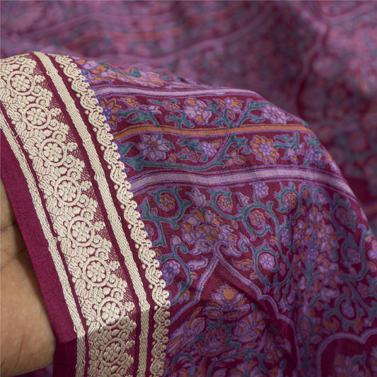 Sanskriti Vintage Sarees Purple Pure Silk Kashmiri Floral Print Sari 5+yd Fabric