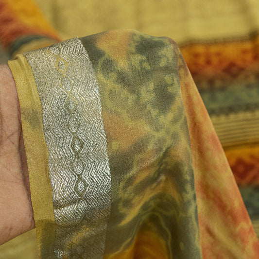 Sanskriti Vintage Sarees Yellow Pure Silk Floral Print 5+YD Sari Sewing Projects