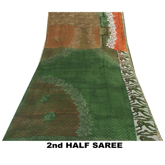 Sanskriti Vintage Sarees Green Pure Silk Geometric Print 5+YD Sari For Crafting