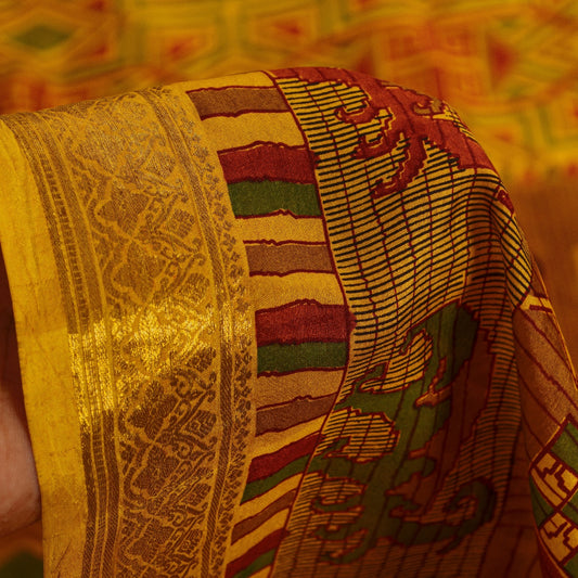 Sanskriti Vintage Sarees Yellow Pure Silk Geometric Print Zari Border 6+YD Sari