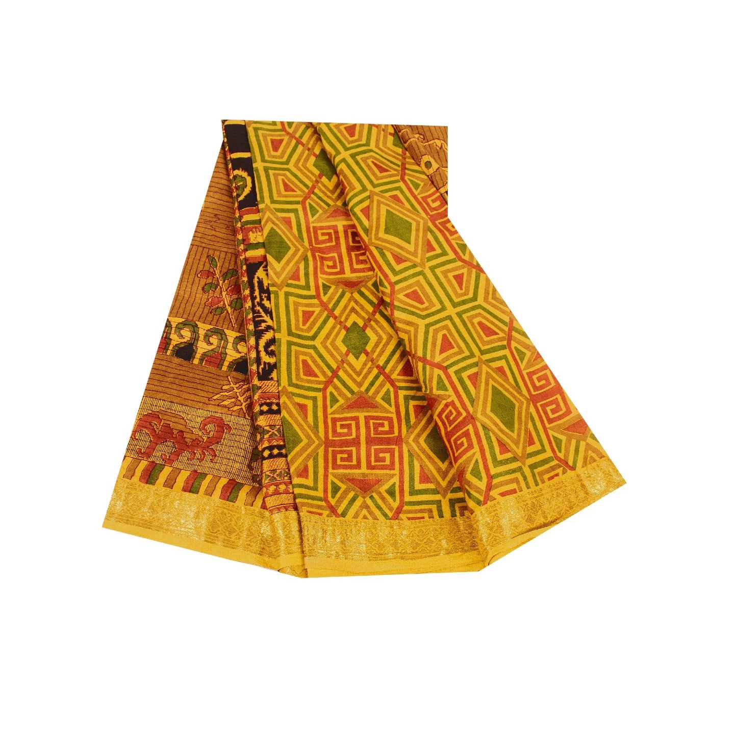 Sanskriti Vintage Sarees Yellow Pure Silk Geometric Print Zari Border 6+YD Sari