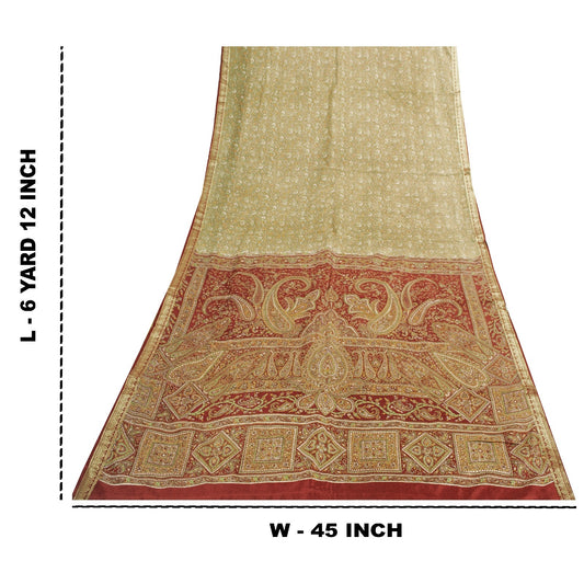 Sanskriti Vintage Sarees Olive Green Zari Border Pure Silk Paisley Print 6+yd