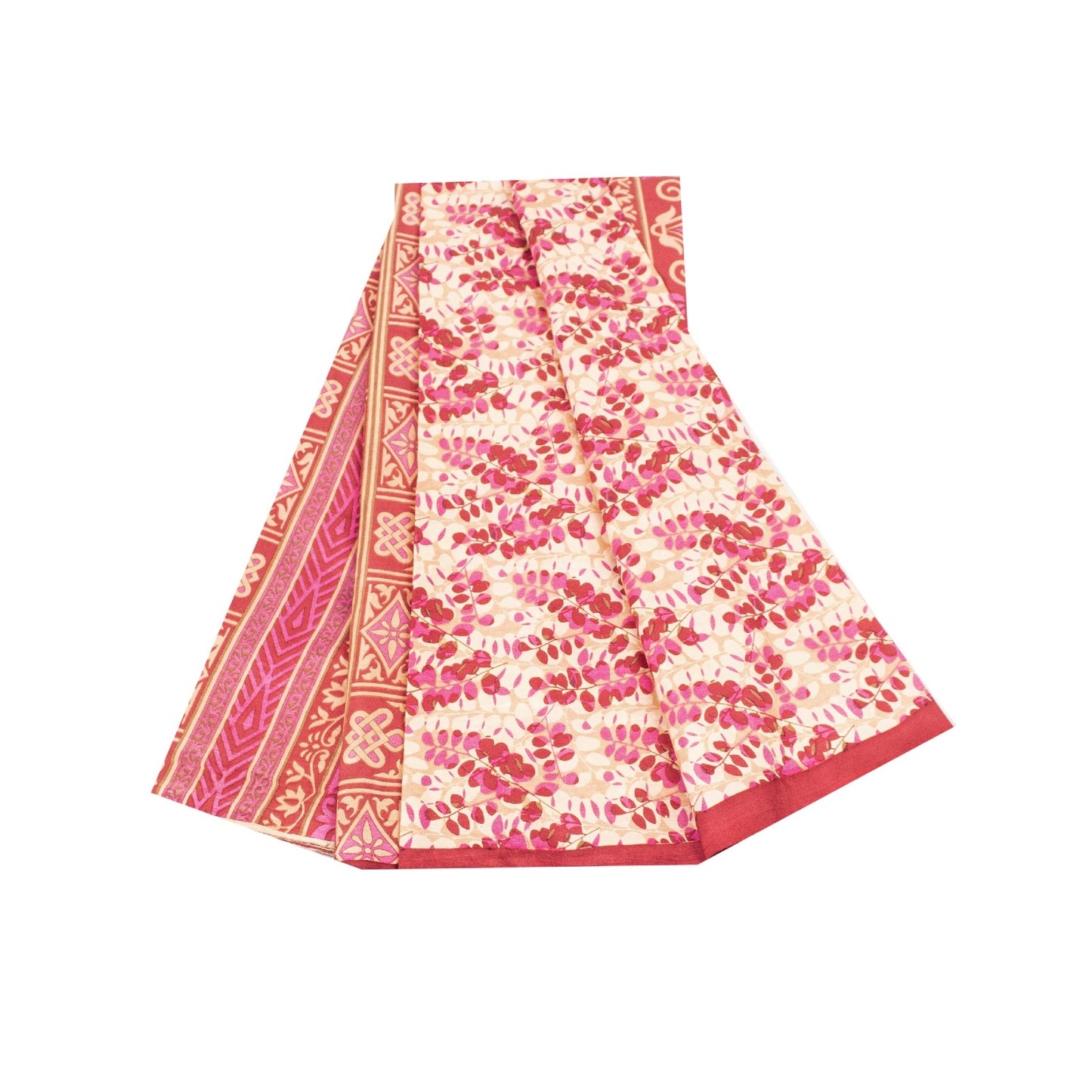 Sanskriti Vintage Saree Red & Ivory 100% Pure Silk Saree Floral Printed 6.5+Yd Fabric Sari Pre-Owned Indian Upcycled, Recycled, Sewing