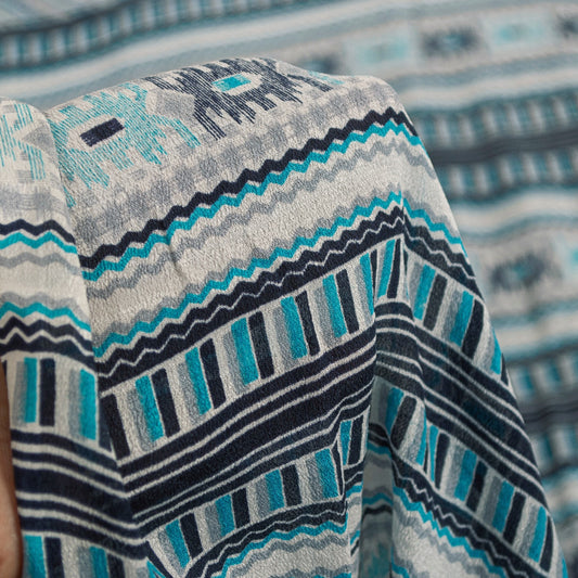 Sanskriti Vintage Sarees White & Blue Pure Silk Geometric Print 6+yd Decor Sari