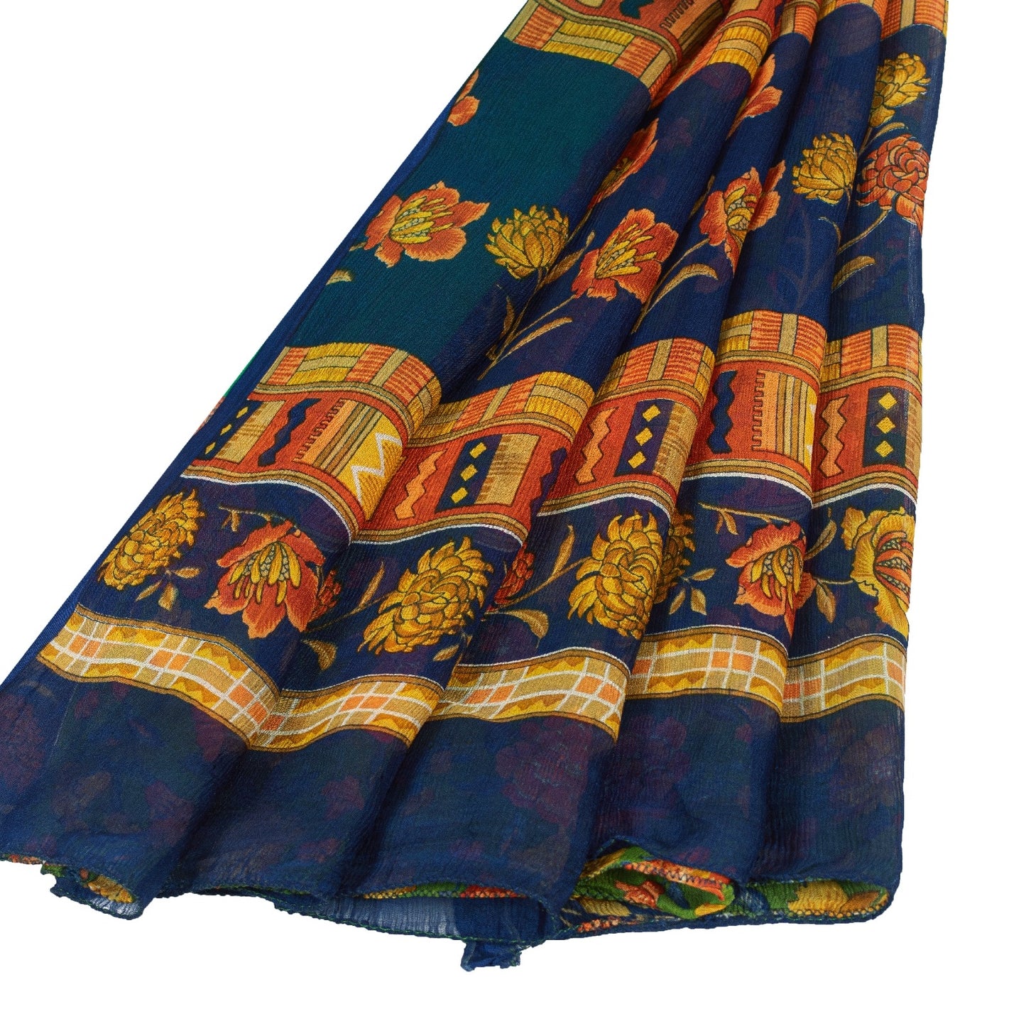 Sanskriti Vintage Sarees Green Pure Silk Floral Printed 6+yd Craft Fabric Sari