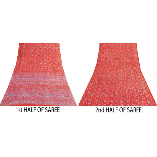 Sanskriti Vintage Sarees Red 100%Pure Silk Peacock Print 6+yd Sari Sewing Fabric