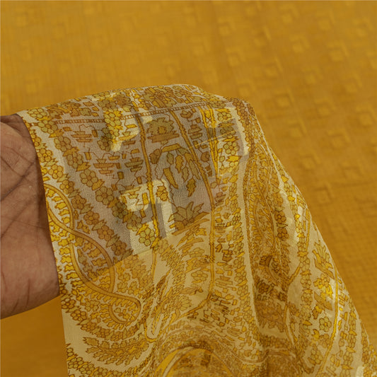 Sanskriti Vintage Sarees Yellow Pure Silk Geometric Print 6+YD Sari For Quilting
