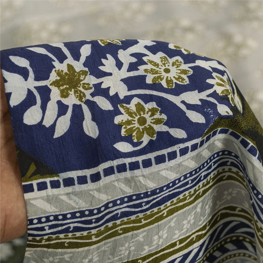 Sanskriti Vintage Sarees Ivory Pure Silk Floral Printed 5+YD Sari For Home Decor