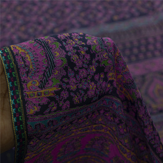 Sanskriti Vintage Sarees Purple & Blue Pure Silk Paisley Printed 6+YD Decor Sari