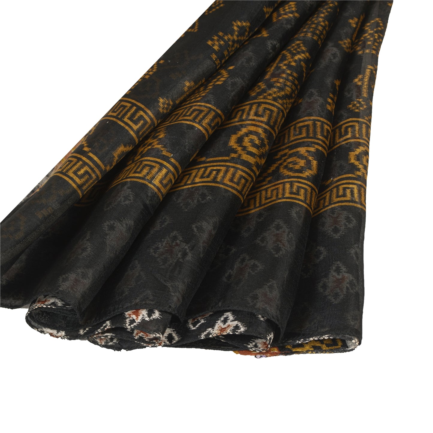 Sanskriti Vintage Sarees Black Pure Silk Geometric Ikat Print 6YD Sari Material