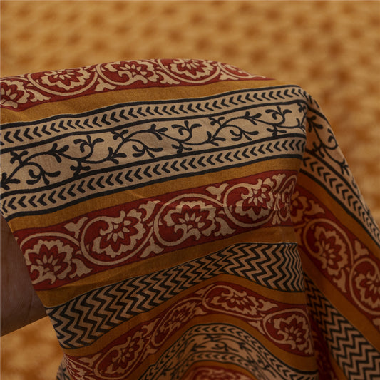 Sanskriti Vintage Sarees Saffron Pure Silk Block Printed Floral 5+YD Sewing Sari