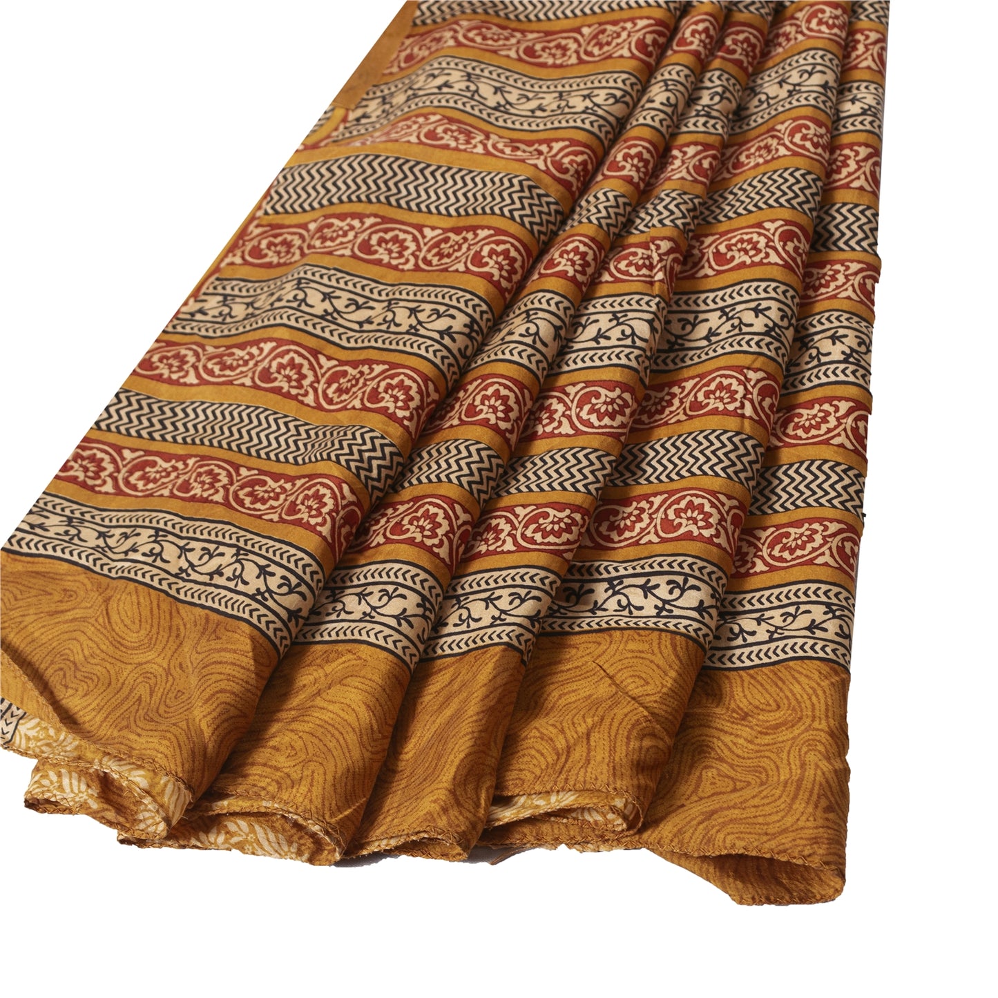 Sanskriti Vintage Sarees Saffron Pure Silk Block Printed Floral 5+YD Sewing Sari