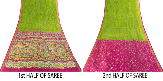Sanskriti Vintage Saree Green 100%Pure Silk Print Zari Border Sari 5.5+Yd Fabric