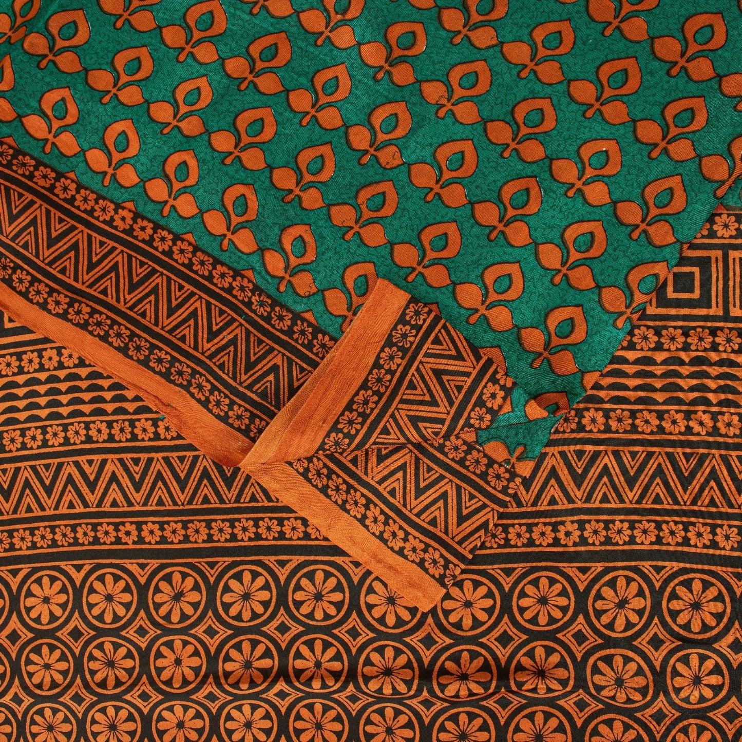 Sanskriti Vintage Saree Green & Brown 100% Pure Silk Saree Floral Geometric Print 5.5+Yd Quilting Felting Fabric For Crafting, Upcycling