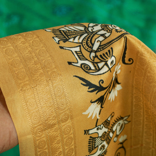 Sanskriti Vintage Sarees Green 100%Pure Silk Women Animal Print 5+YD Indian Sari
