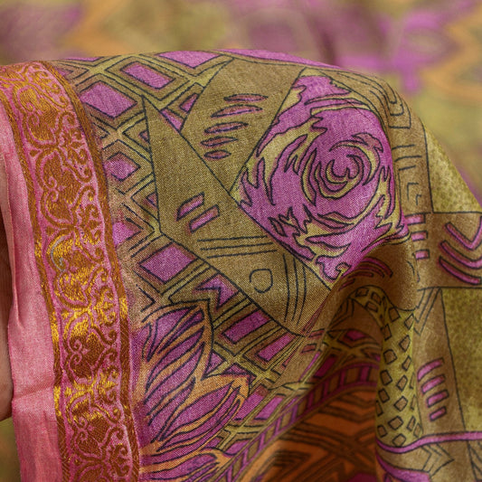 Sanskriti Vintage Sarees Multicolor Pure Silk Floral Print Zari Border 6+Yd Sari