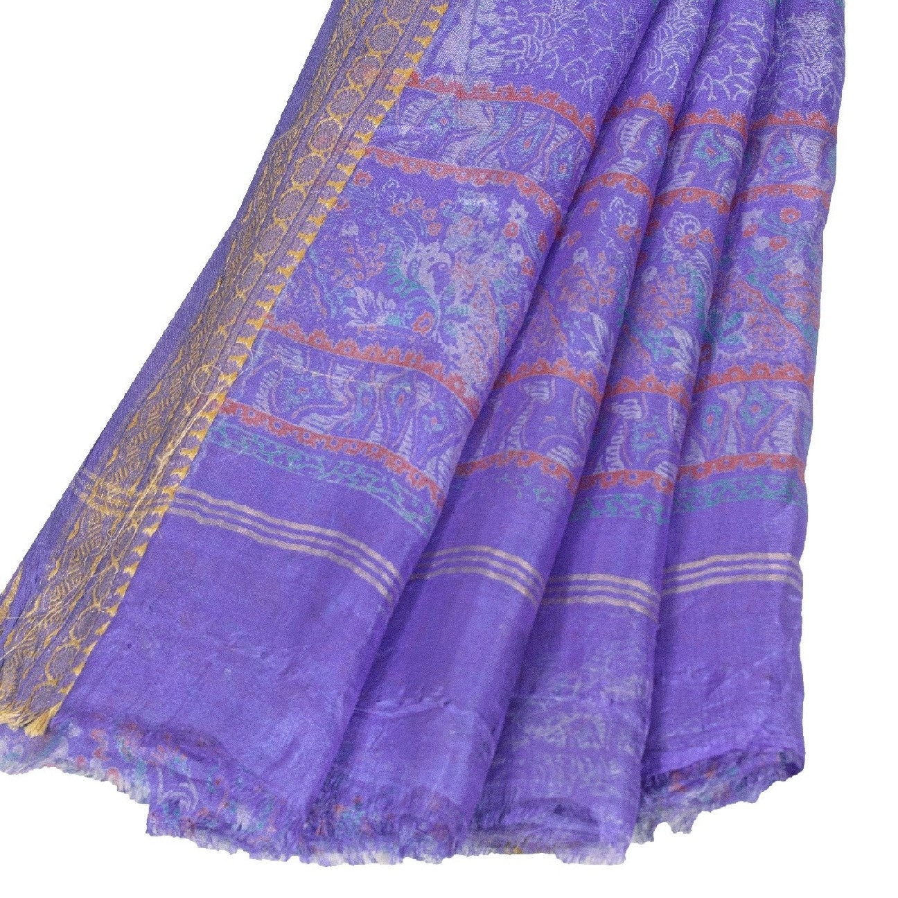Sanskriti Vintage Sarees Purple Pure Silk Floral Print 5+YD Sari Remnant Fabric