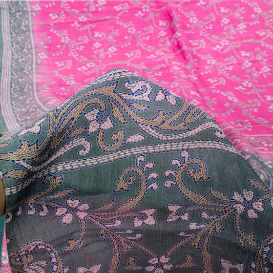 Sanskriti Vintage Pink Pure Silk Sari Kantha Digital Printed Floral Saree 5.5Yd