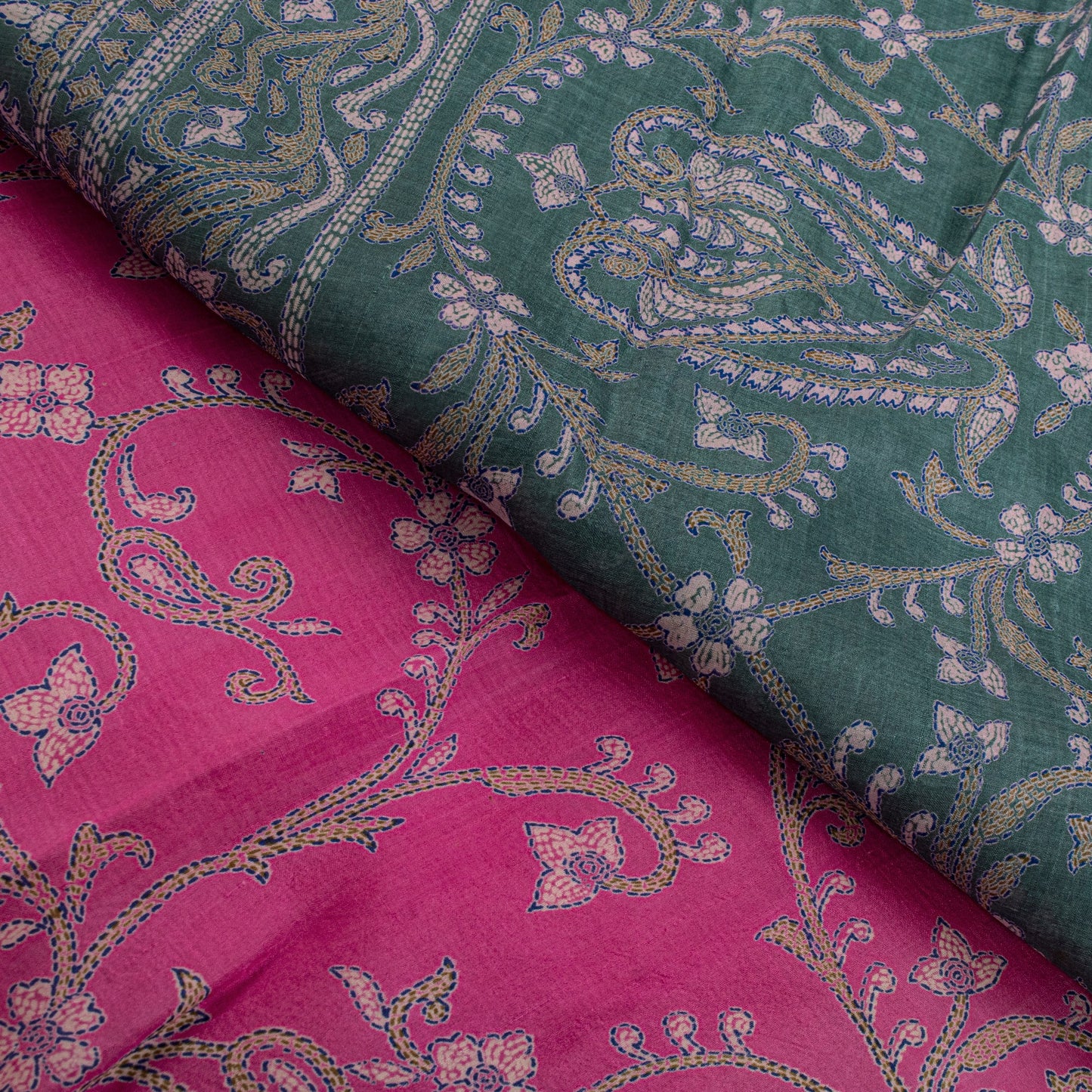 Sanskriti Vintage Pink Pure Silk Sari Kantha Digital Printed Floral Saree 5.5Yd