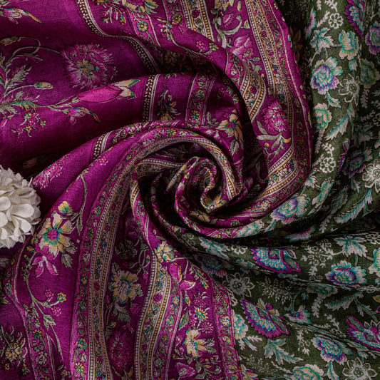 Sanskriti Vintage Green-Purple Pure Silk Sari Floral Digital Printed Saree 5.5Yd