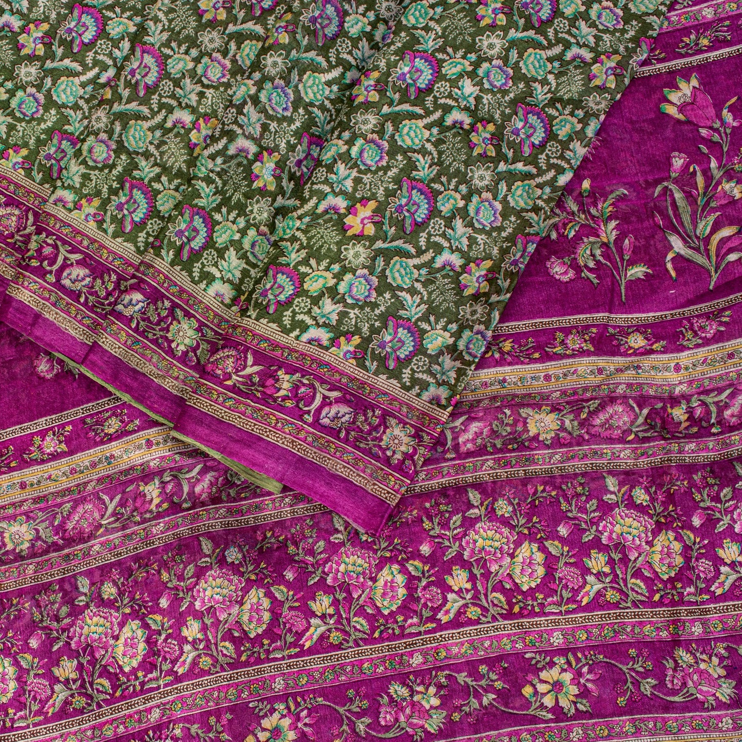 Sanskriti Vintage Green-Purple Pure Silk Sari Floral Digital Printed Saree 5.5Yd
