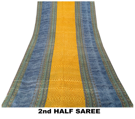 Sanskriti Vintage Saree Soft Blue-Yellow Pure Silk Abstract Printed Sari 5.5+Yd