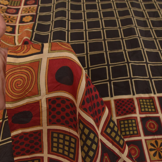 Sanskriti Vintage Soft Black Pure Silk Sari Geometric Digital Print Saree 6.5Yd
