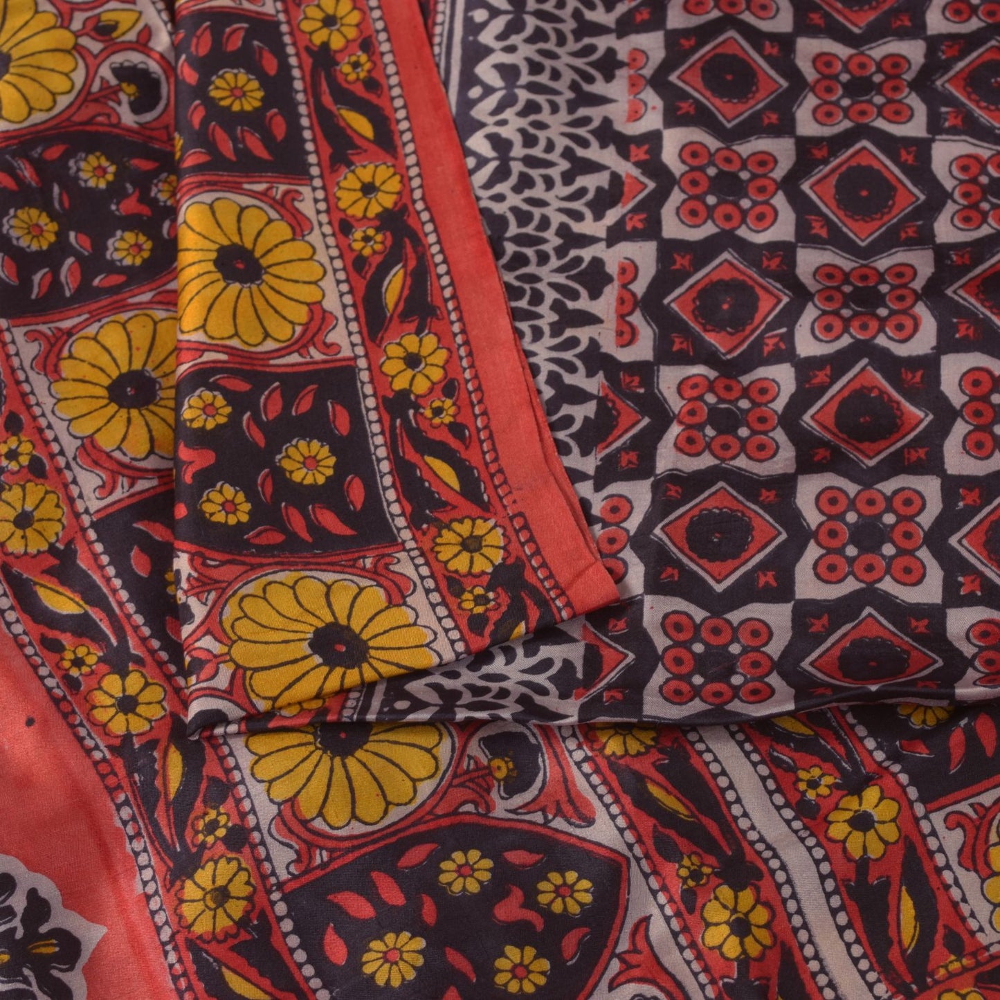 Sanskriti Vintage Soft Blue-Red Pure Silk Sari Floral Block Printed Saree 5.5Yd