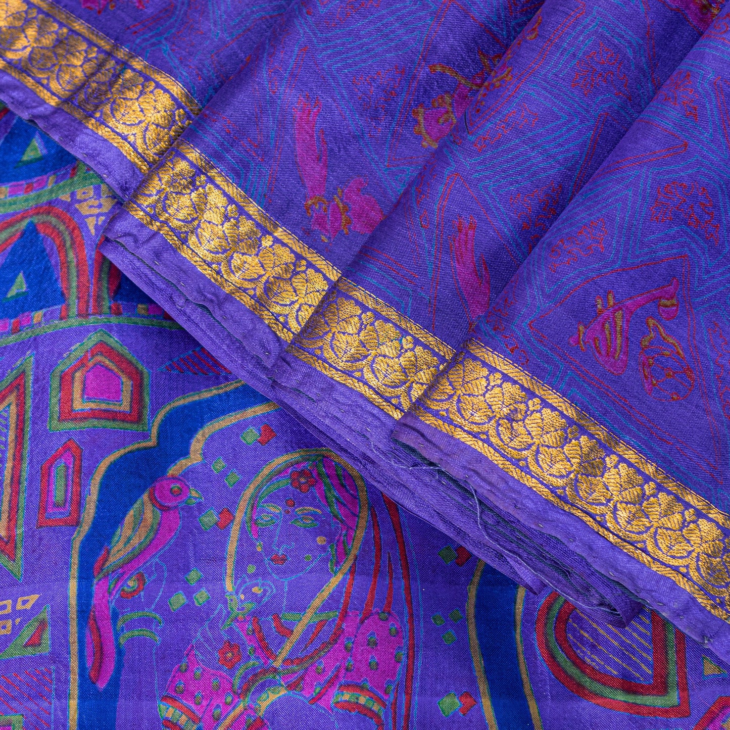Sanskriti Vintage Sari Soft Blue Pure Silk Human Print Brocade Border Saree 6+YD