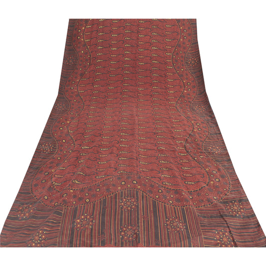 Sanskriti Vintage Sarees Red Pure Silk Paisley Printed Sari 5+yd Craft Fabric
